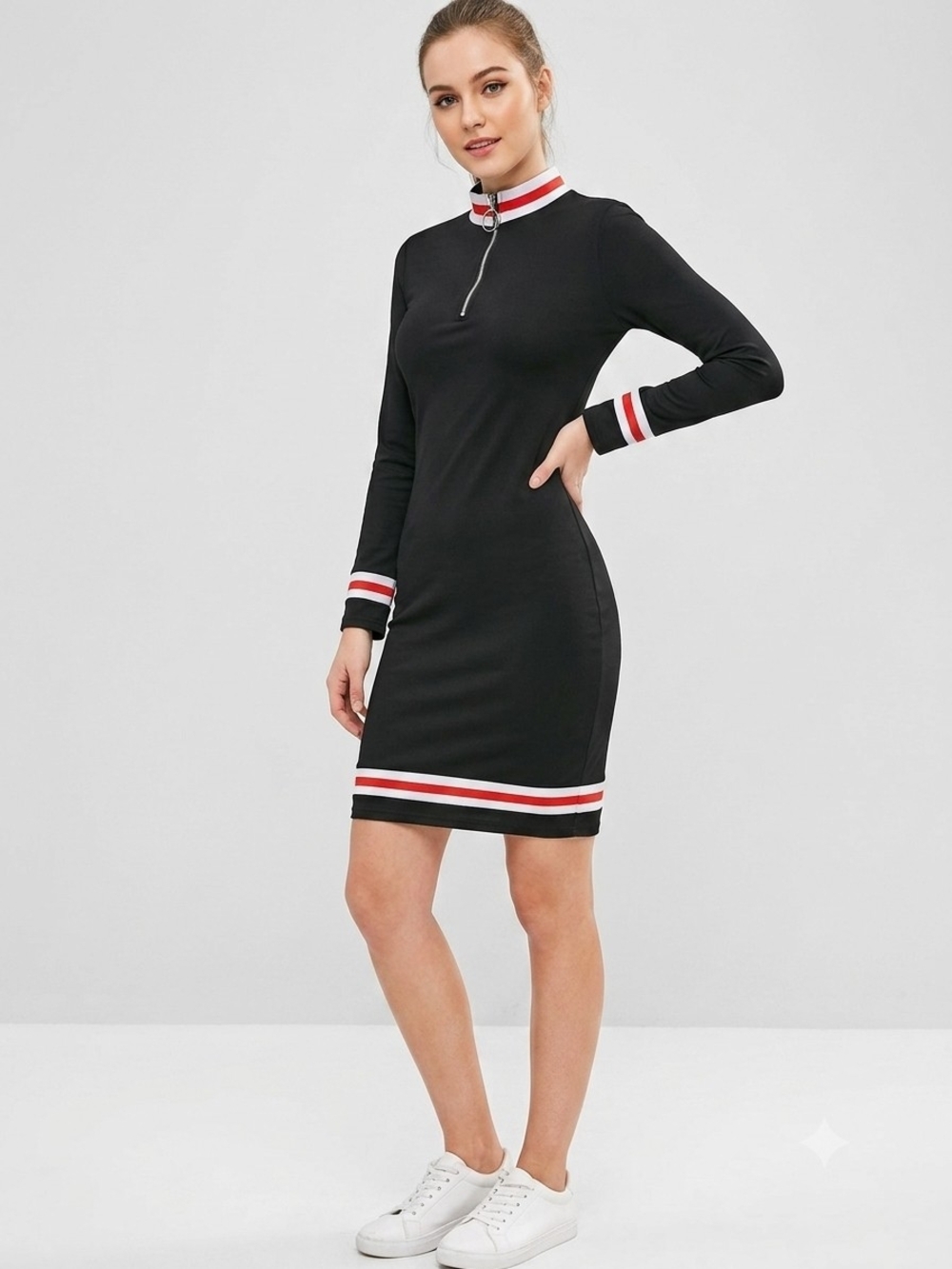 Black Long-Sleeve Sporty Zip-Neck Dress with Red & White Trim